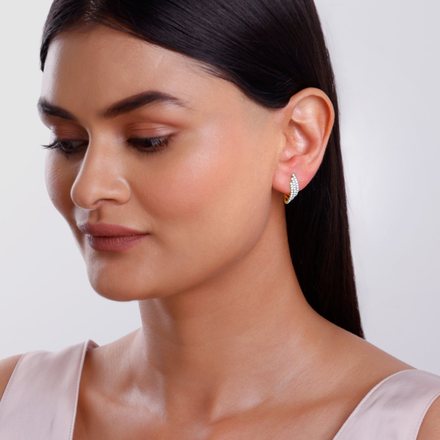 Gold Divine Feathers J Hoop Lab Grown Diamond Earrings