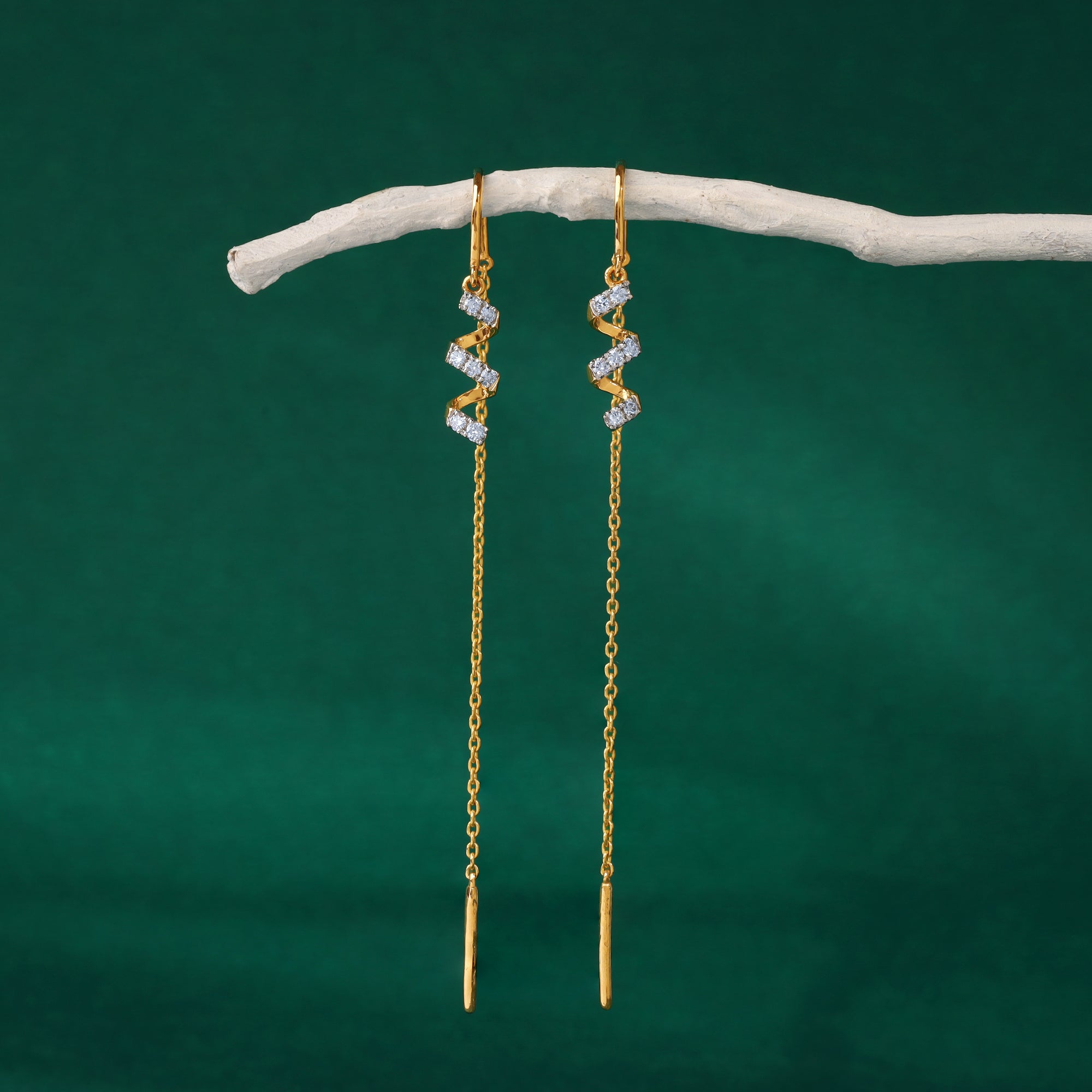 Gold Spiral Cascade Sui Dhaga Laab Grown Diamond Earrings