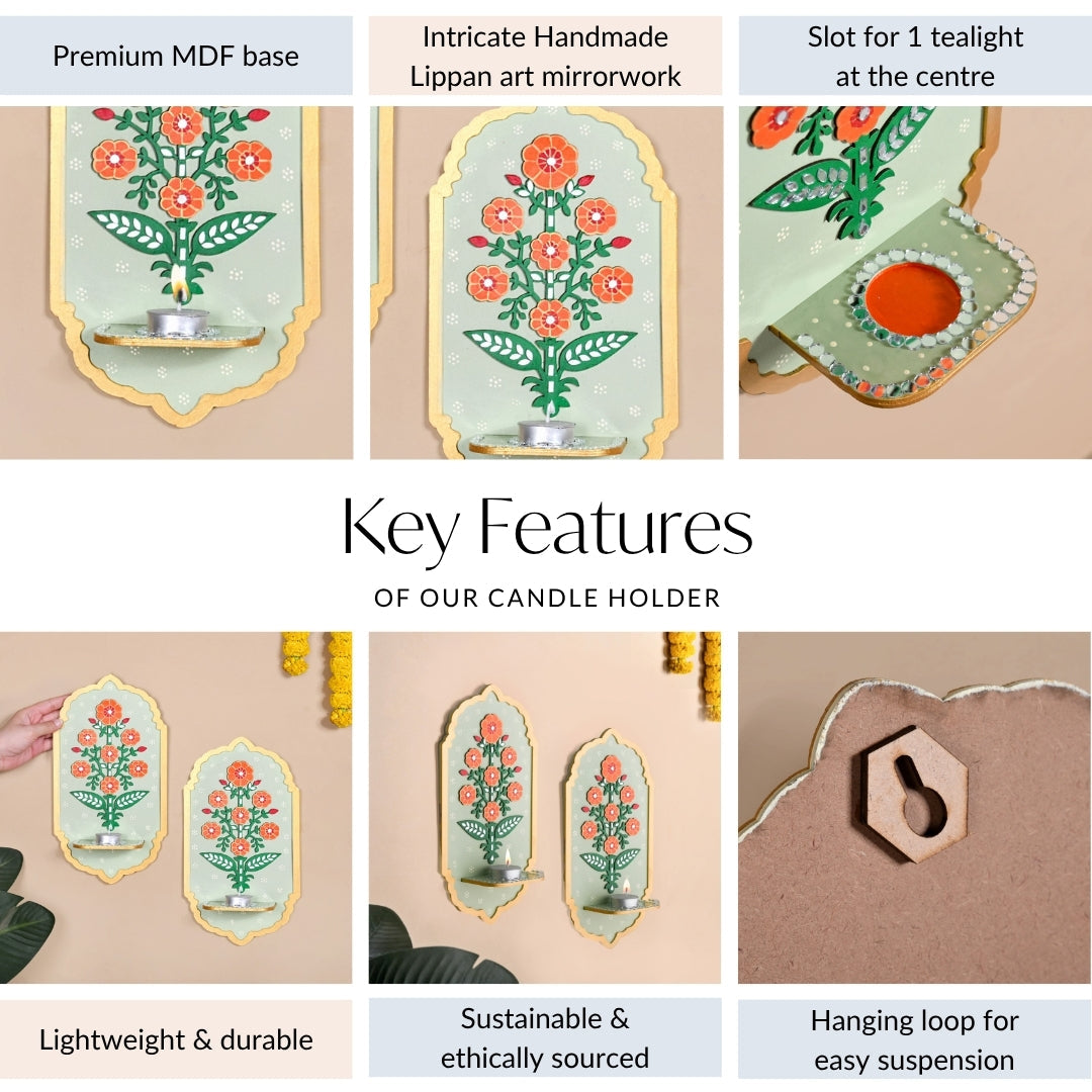 Phool Mirror Work Tealight Candle Holder Lippan Wall Art Set Of 2