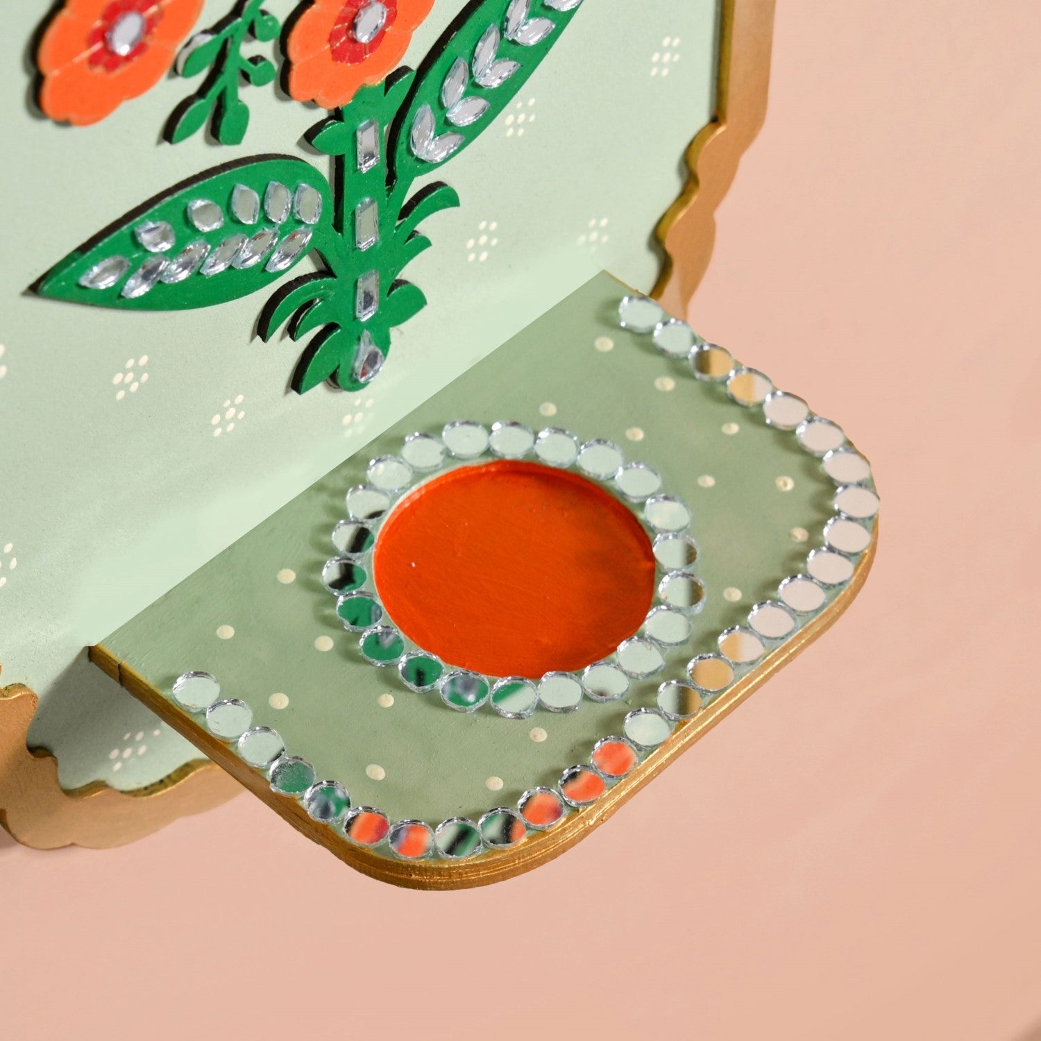 Phool Mirror Work Tealight Candle Holder Lippan Wall Art Set Of 2