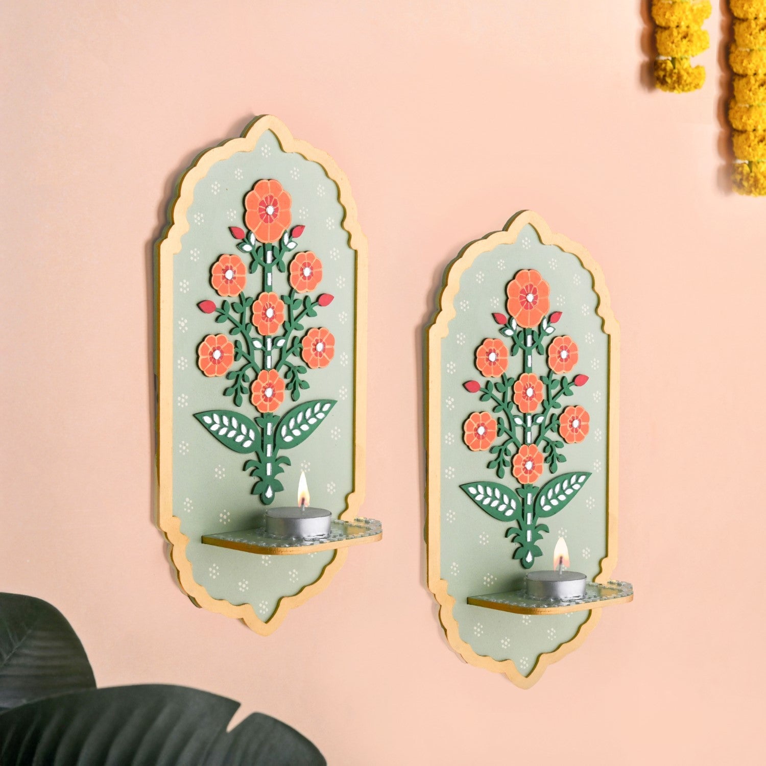 Phool Mirror Work Tealight Candle Holder Lippan Wall Art Set Of 2