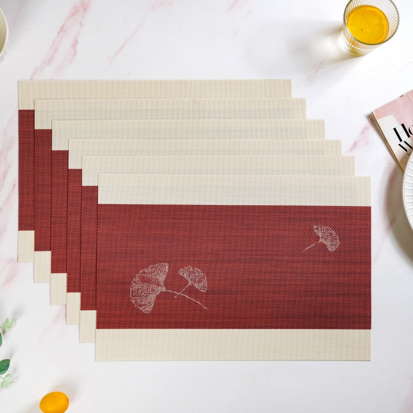 Ginkgo Maroon Table Mat Set Of 6