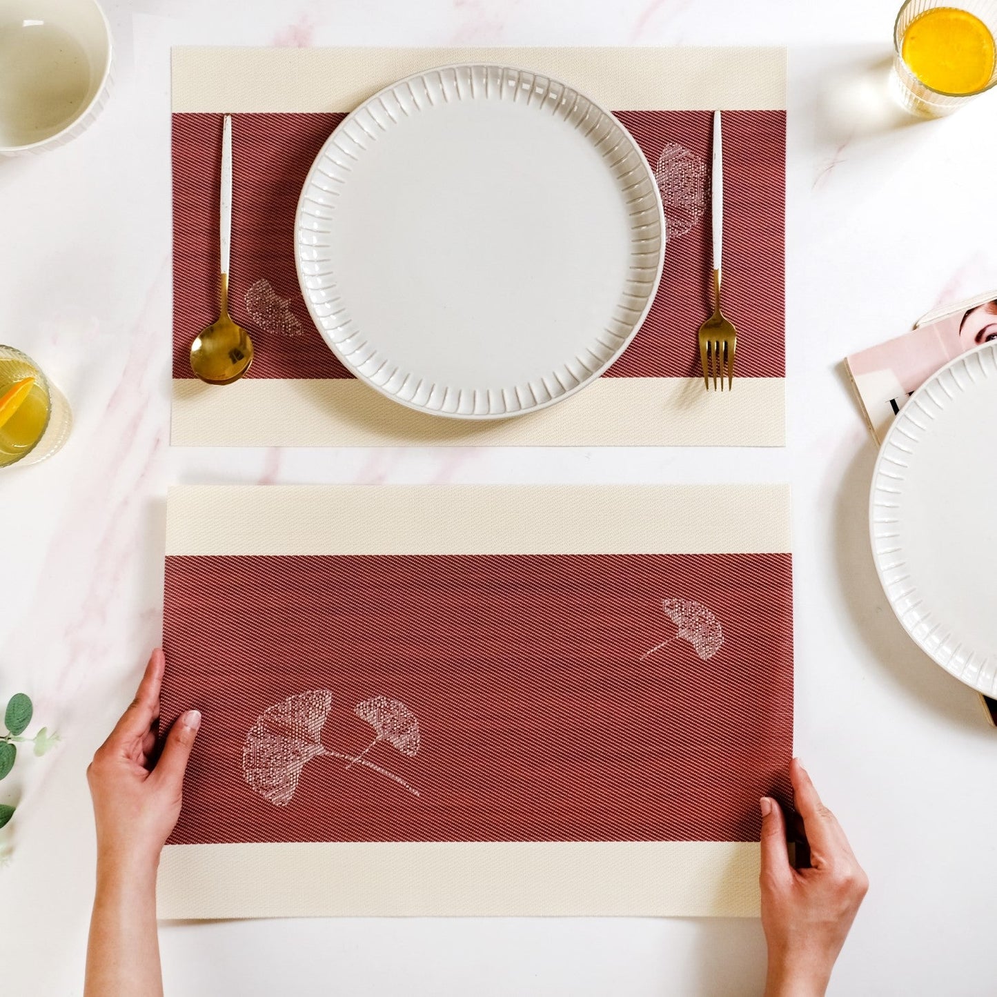 Ginkgo Maroon Table Mat Set Of 6