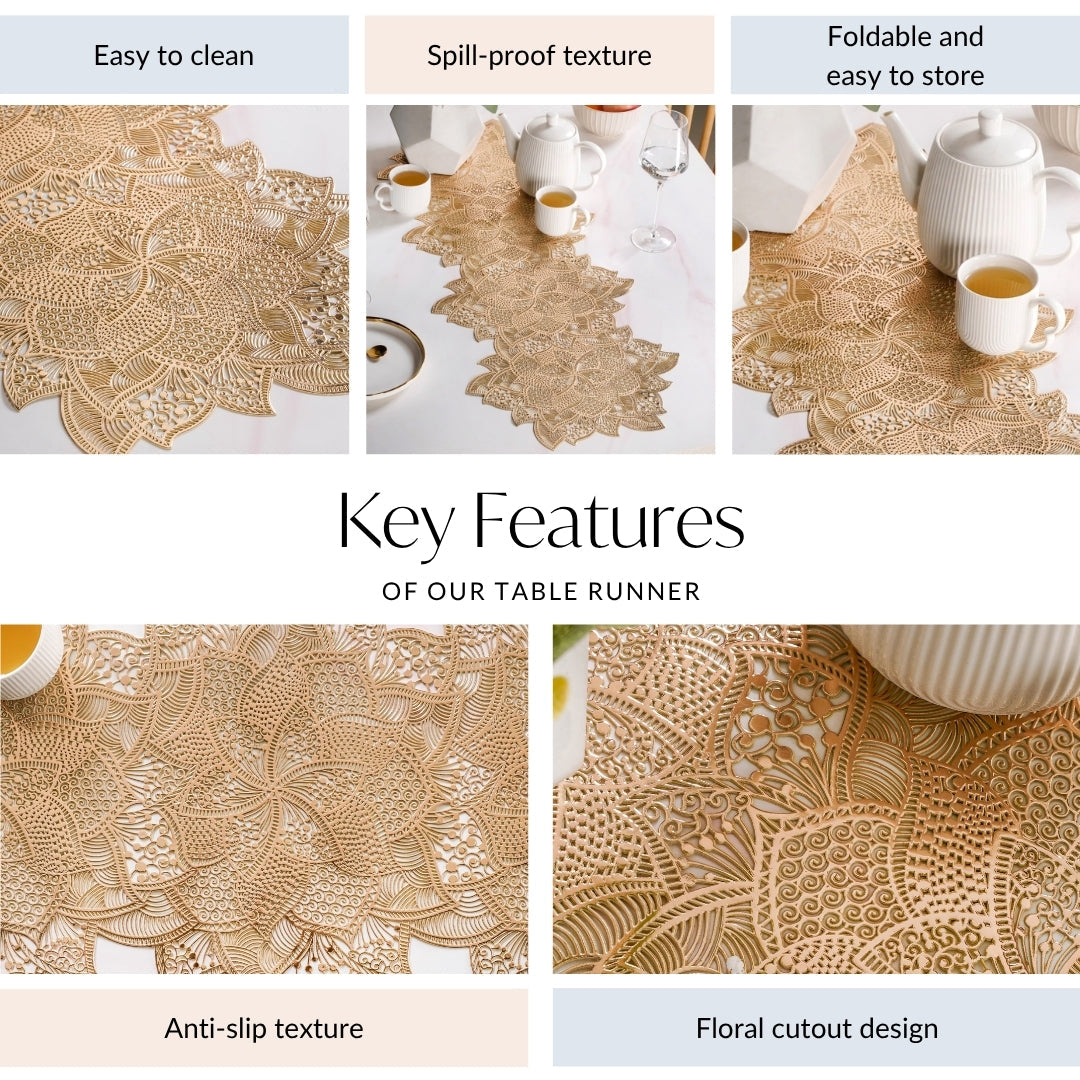 Floral Cutwork Table Runner Gold 90x35cm