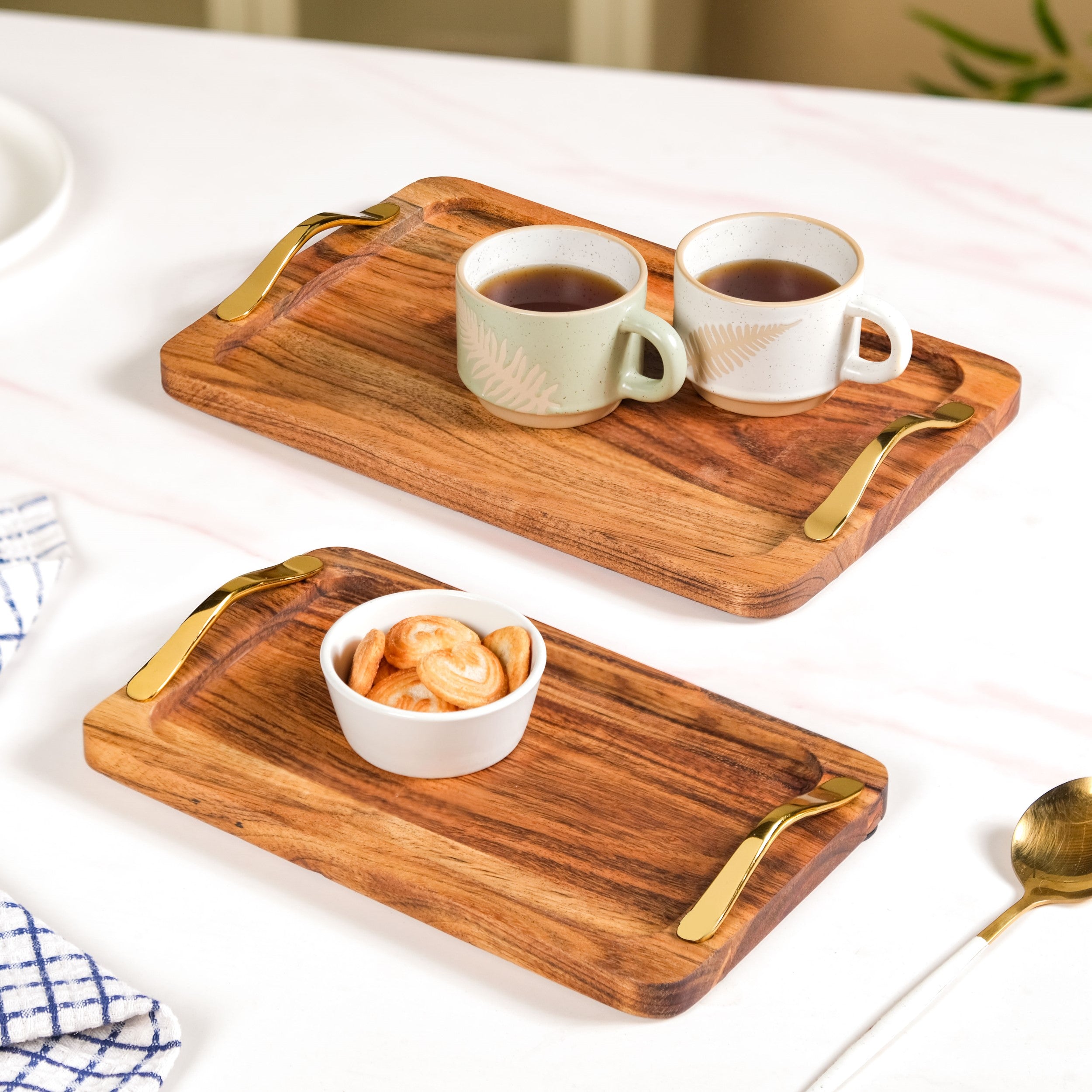 Rectangle Wooden Serving Tray With Gold Handles Set Of 2