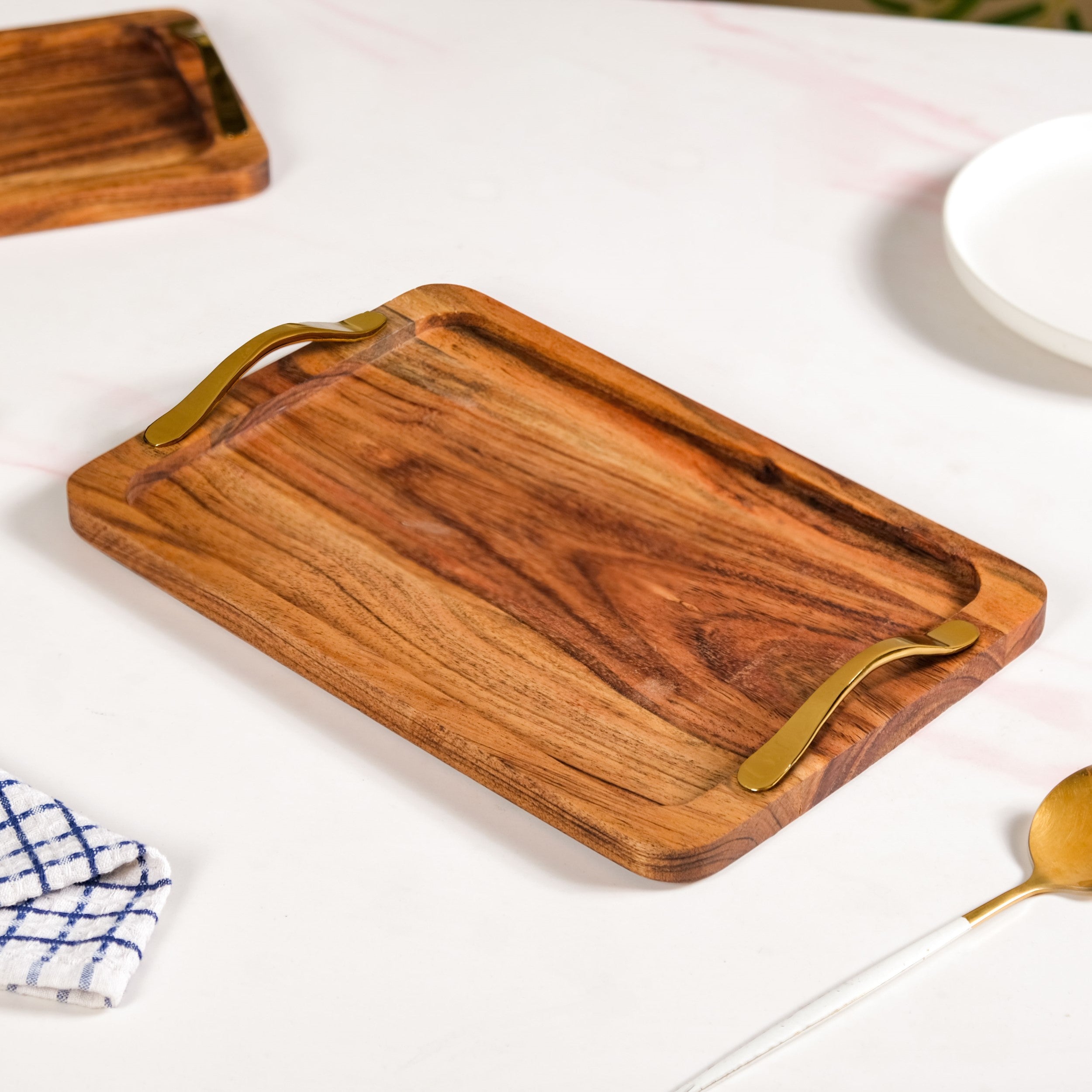 Rectangle Wooden Serving Tray With Gold Handles Set Of 2