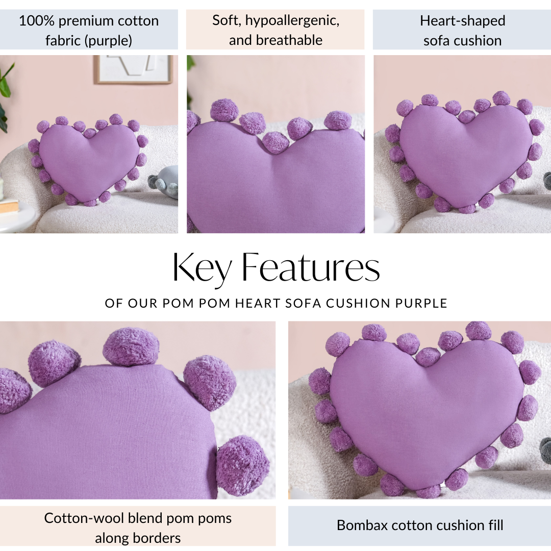 Pom Pom Heart Sofa Cushion Purple 40x35cm