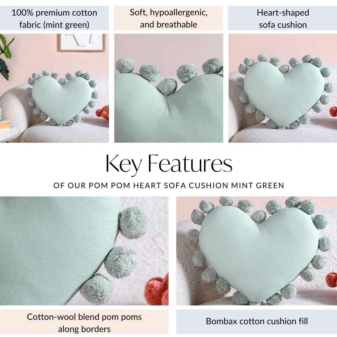 Pom Pom Heart Sofa Cushion Mint Green 40x35cm