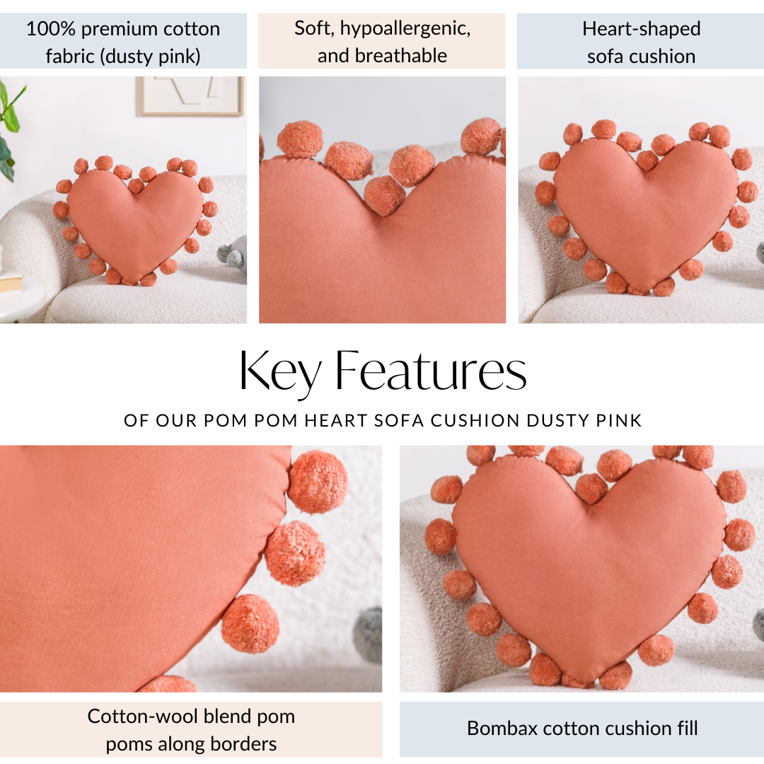 Pom Pom Heart Sofa Cushion Dusty Pink 40x35cm