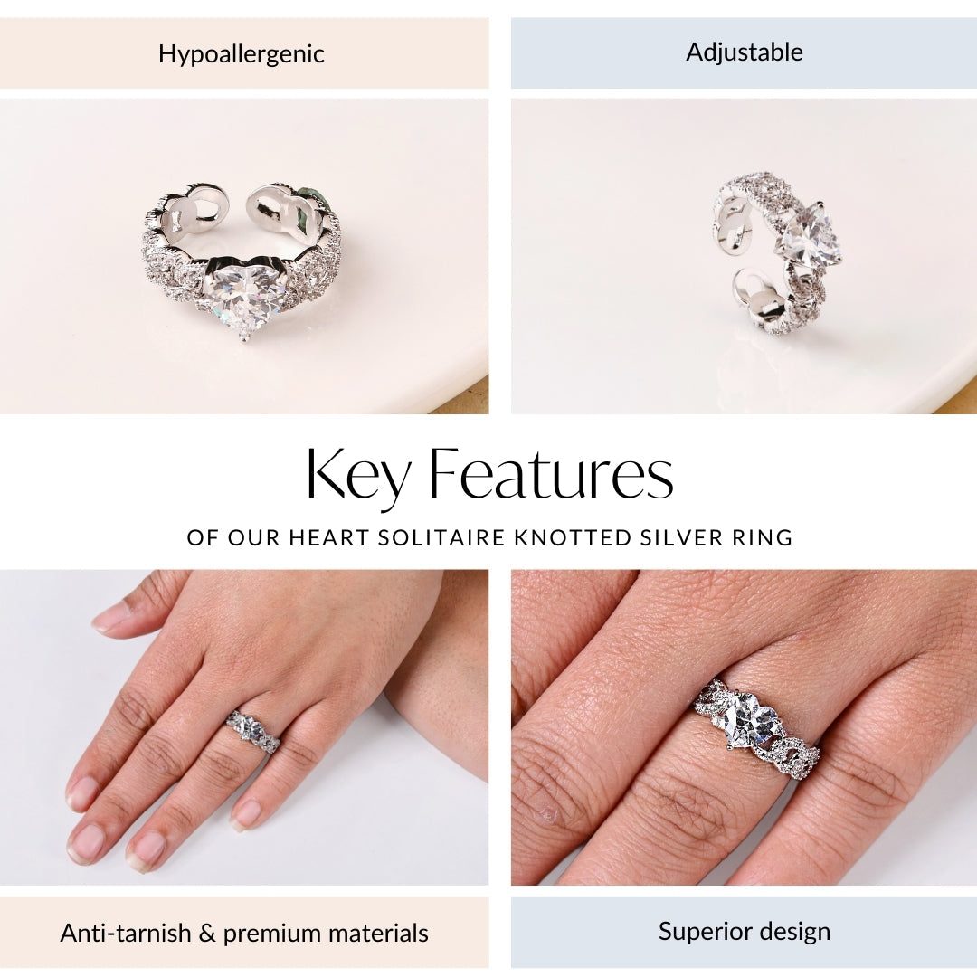 Heart Solitaire Knotted Silver Ring