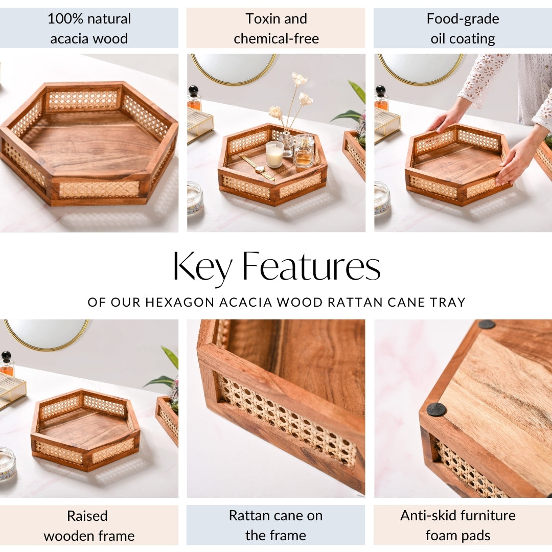 Hexagon Acacia Wood Rattan Cane Tray