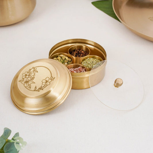 Brass Hibiscus Mukhwas Box with Lid – Traditional Spice Storage Container