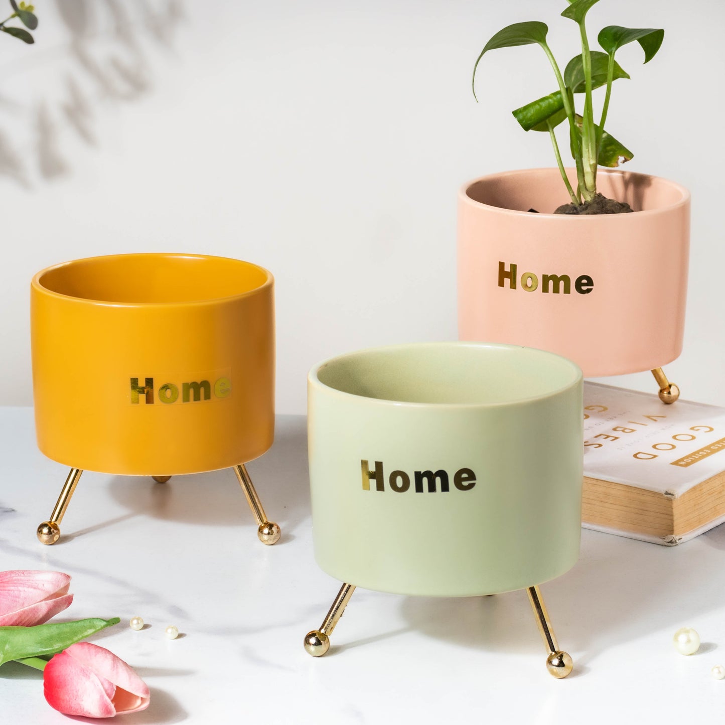 Home Ceramic Planter With Stand Pink