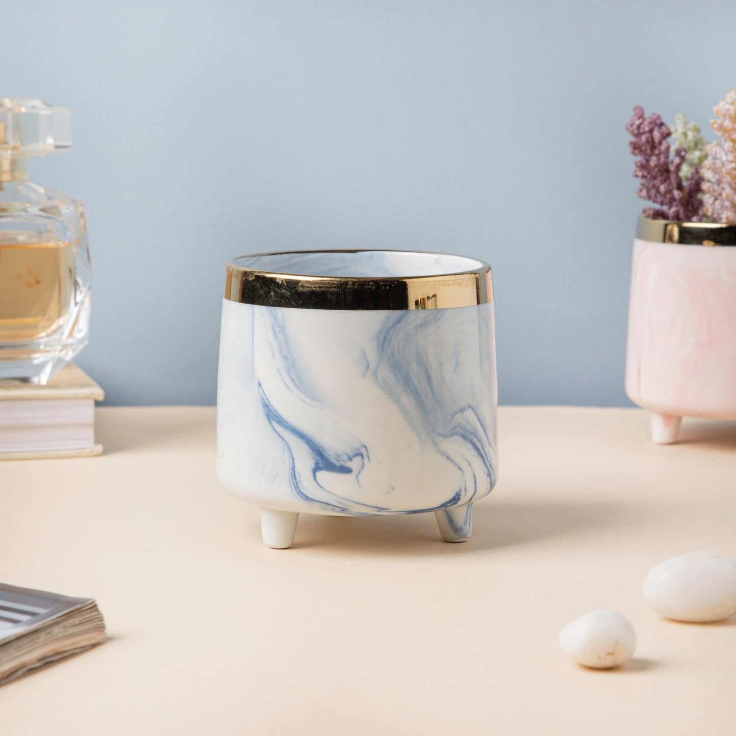 Luxe Ceramic Marble Planter Blue With Legs