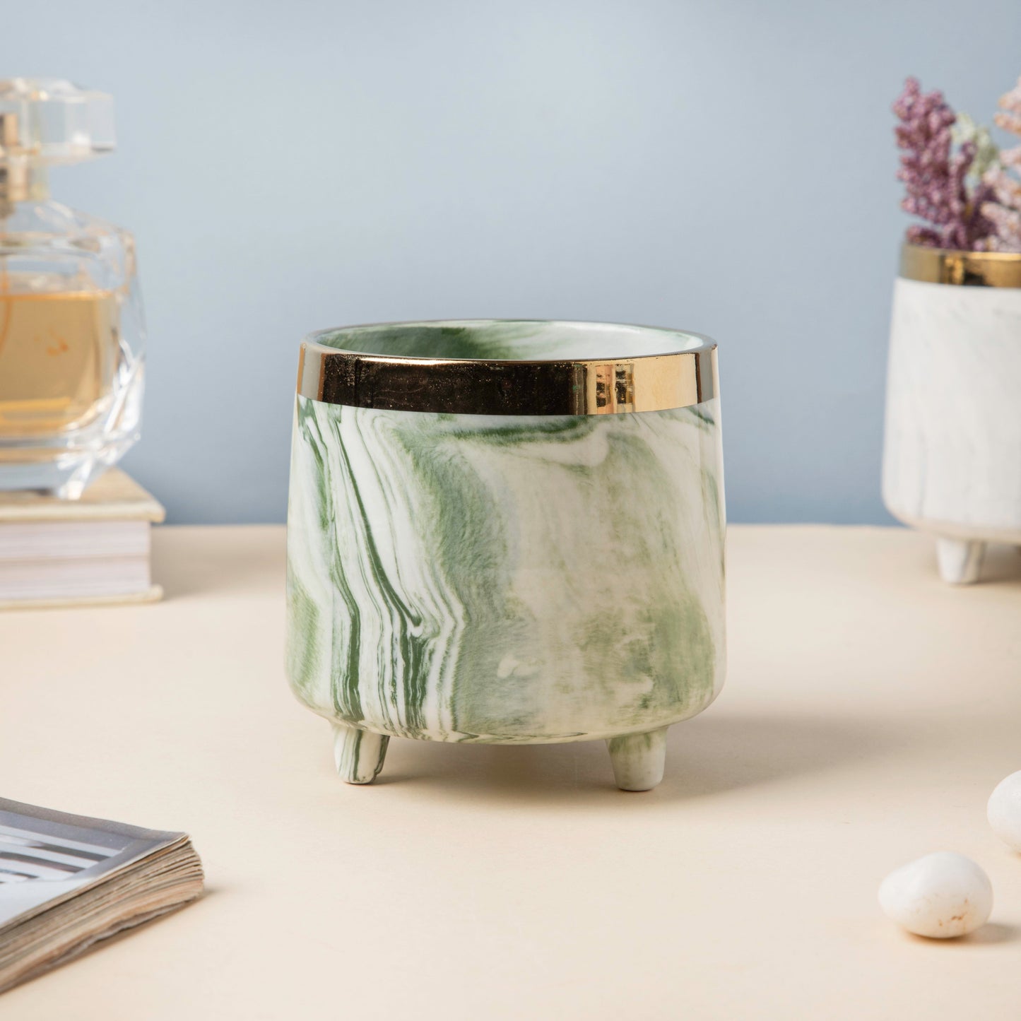 Luxe Ceramic Marble Planter Green With Legs