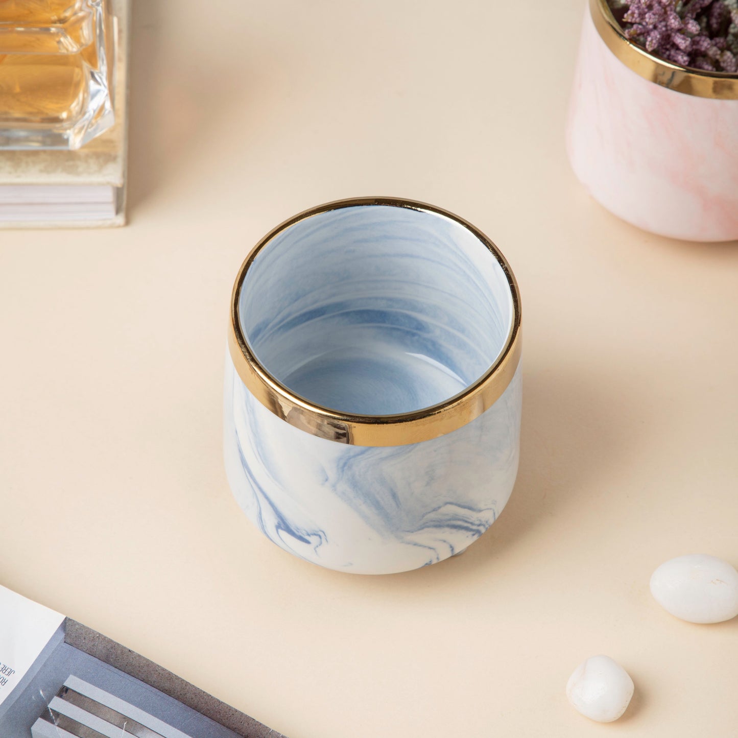 Luxe Ceramic Marble Planter Blue With Legs