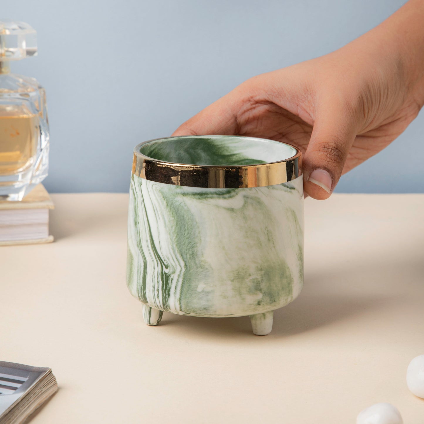 Luxe Ceramic Marble Planter Green With Legs