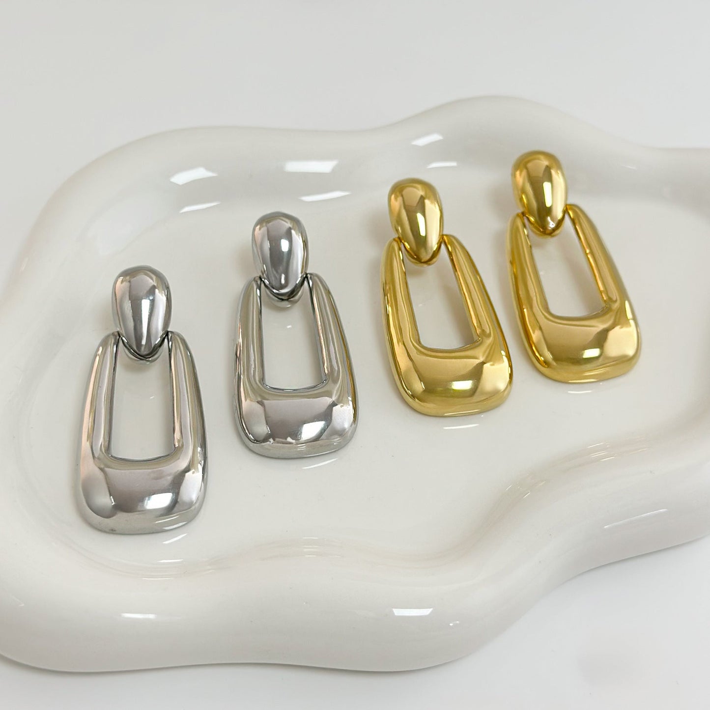 Silver Rectangle Buckle Drop Earrings
