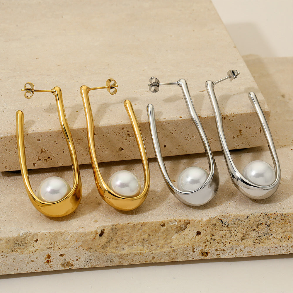 Silver Pearl Open Hoop Earrings