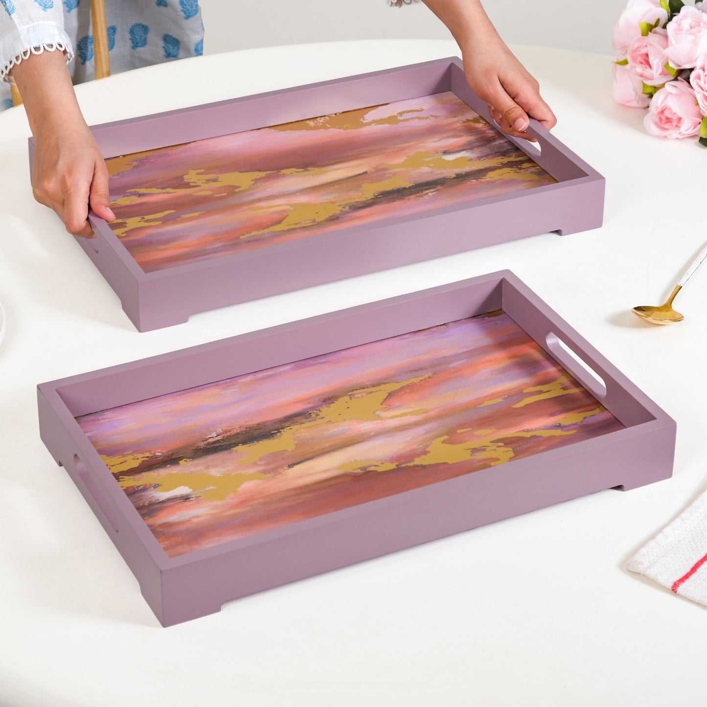 Impressionism Sky Art Tray Set Of 2 Mauve