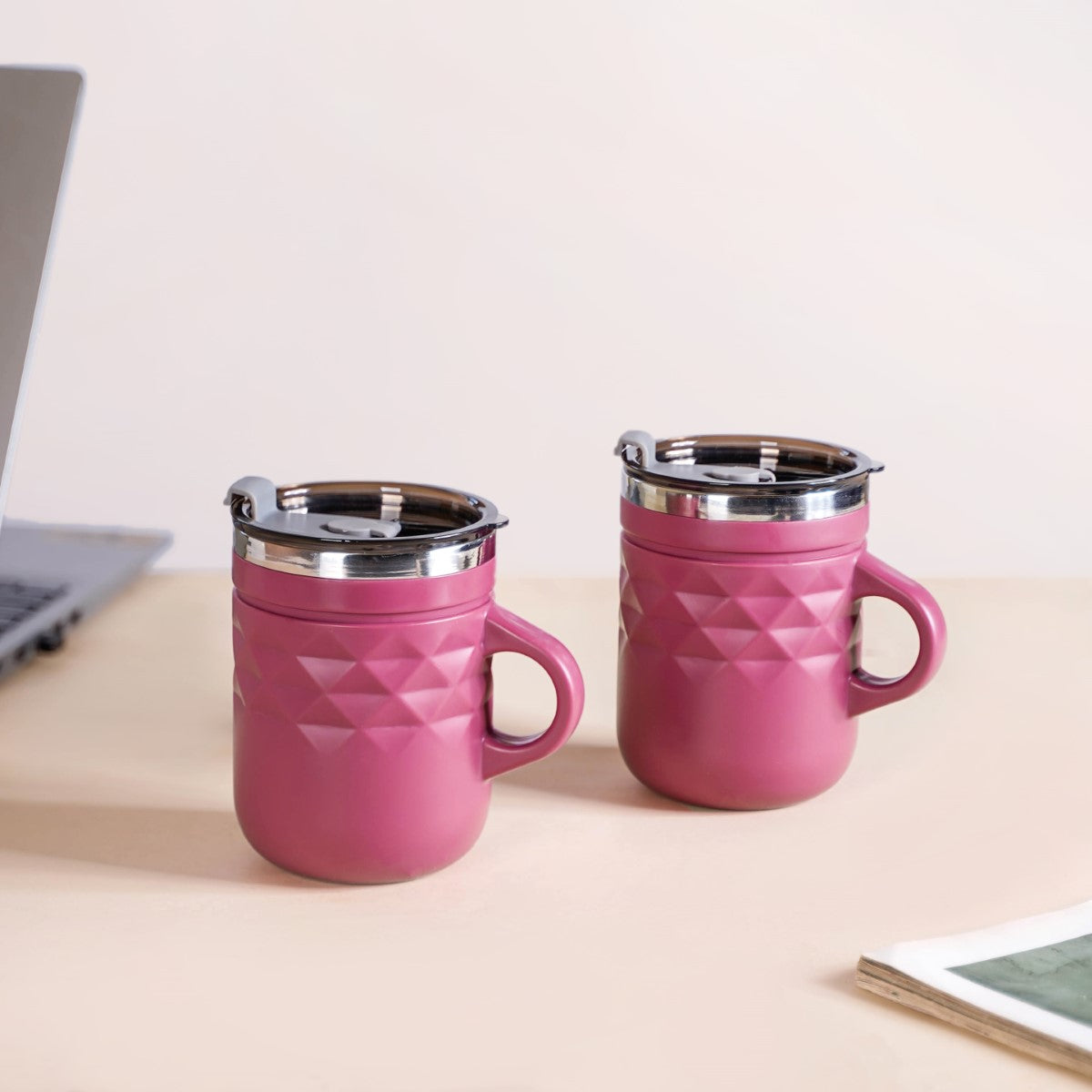 Portable Coffee Mug With Lid Set Of 2 Magenta 400ml