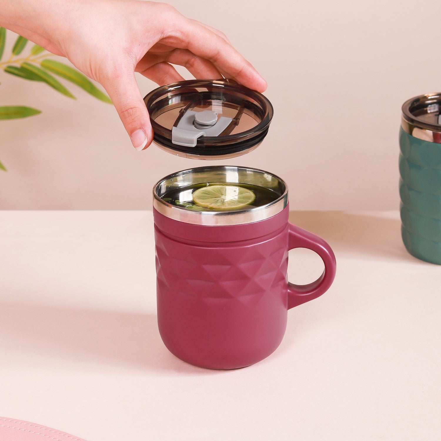 Portable Coffee Mug With Lid Set Of 2 Magenta 400ml