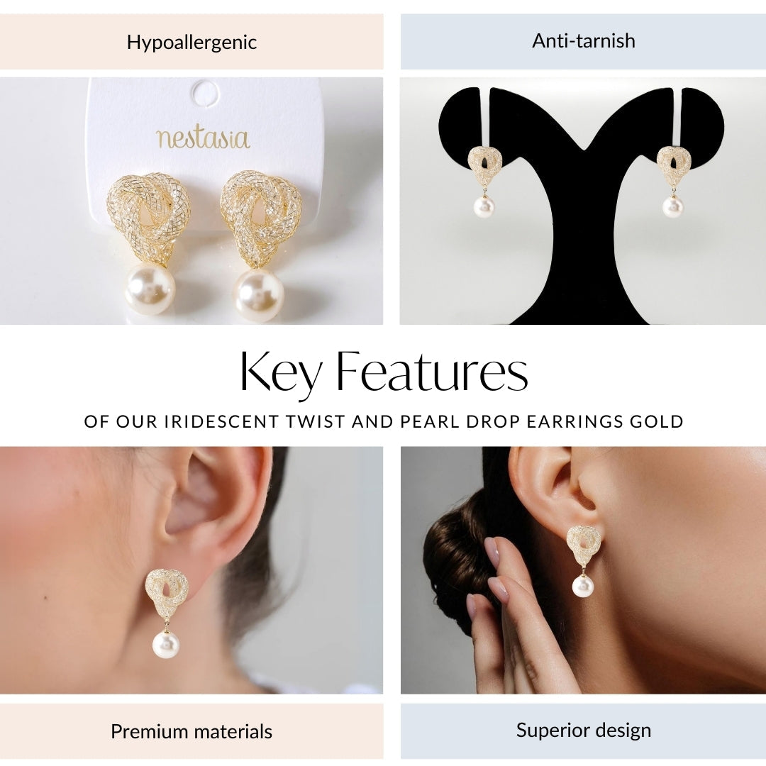 Iridescent Twist And Pearl Drop Earrings Gold