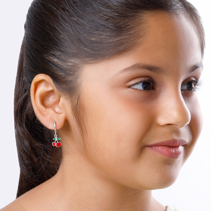 Silver Cherry Red Kids Hoop Earrings