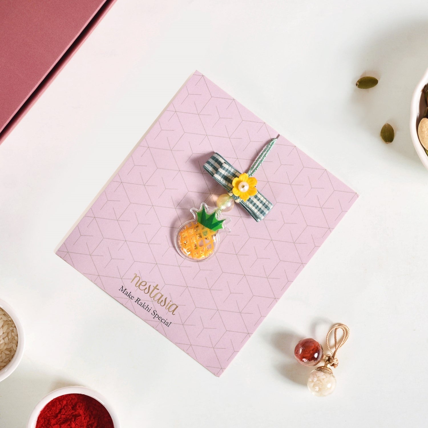 Puffy Pineapple Girl Rakhi Hamper Set Of 3 With Box And Card