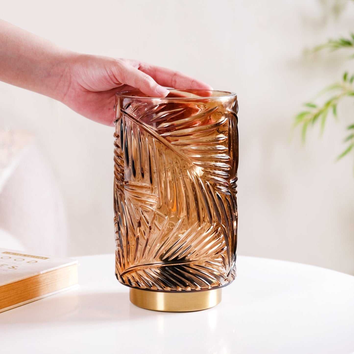 Palm Leaf Brown Glass LED Table Lamp With Auto Timer