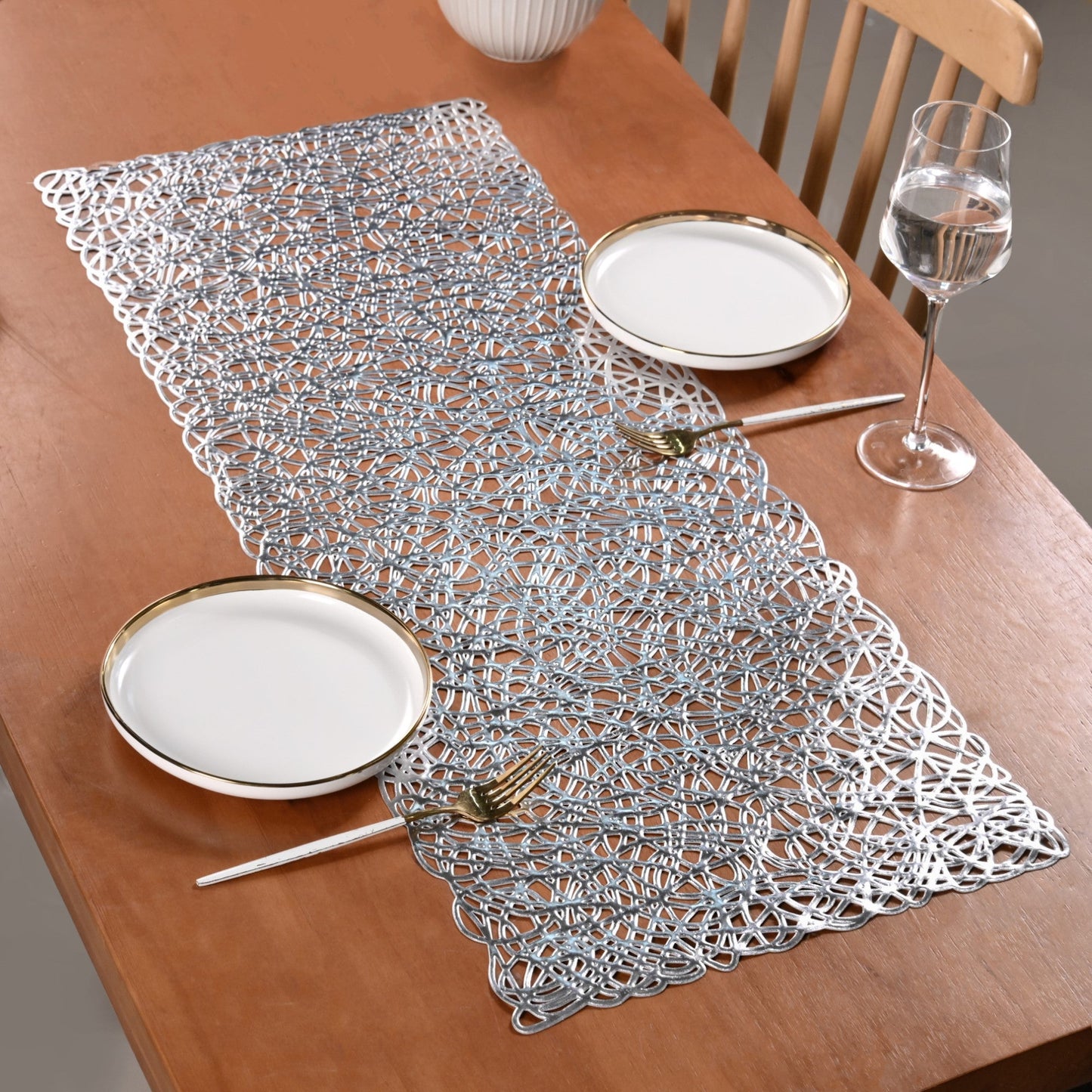 Modern Laser Cut Style Silver Table Runner Silver 92x35cm