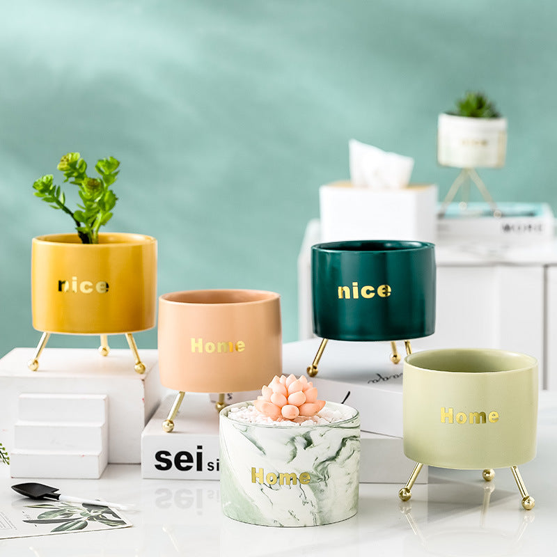 Home Ceramic Planter With Stand Green