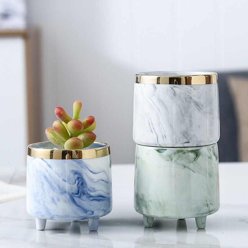 Luxe Ceramic Marble Planter Blue With Legs