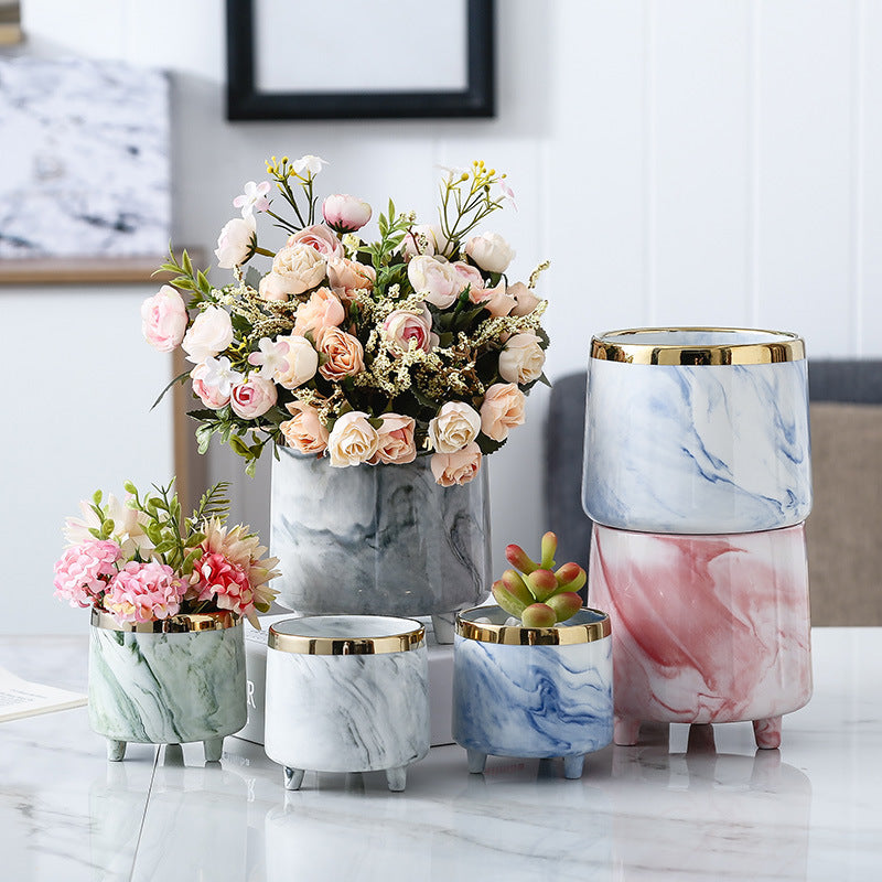 Luxe Ceramic Marble Planter Blue With Legs