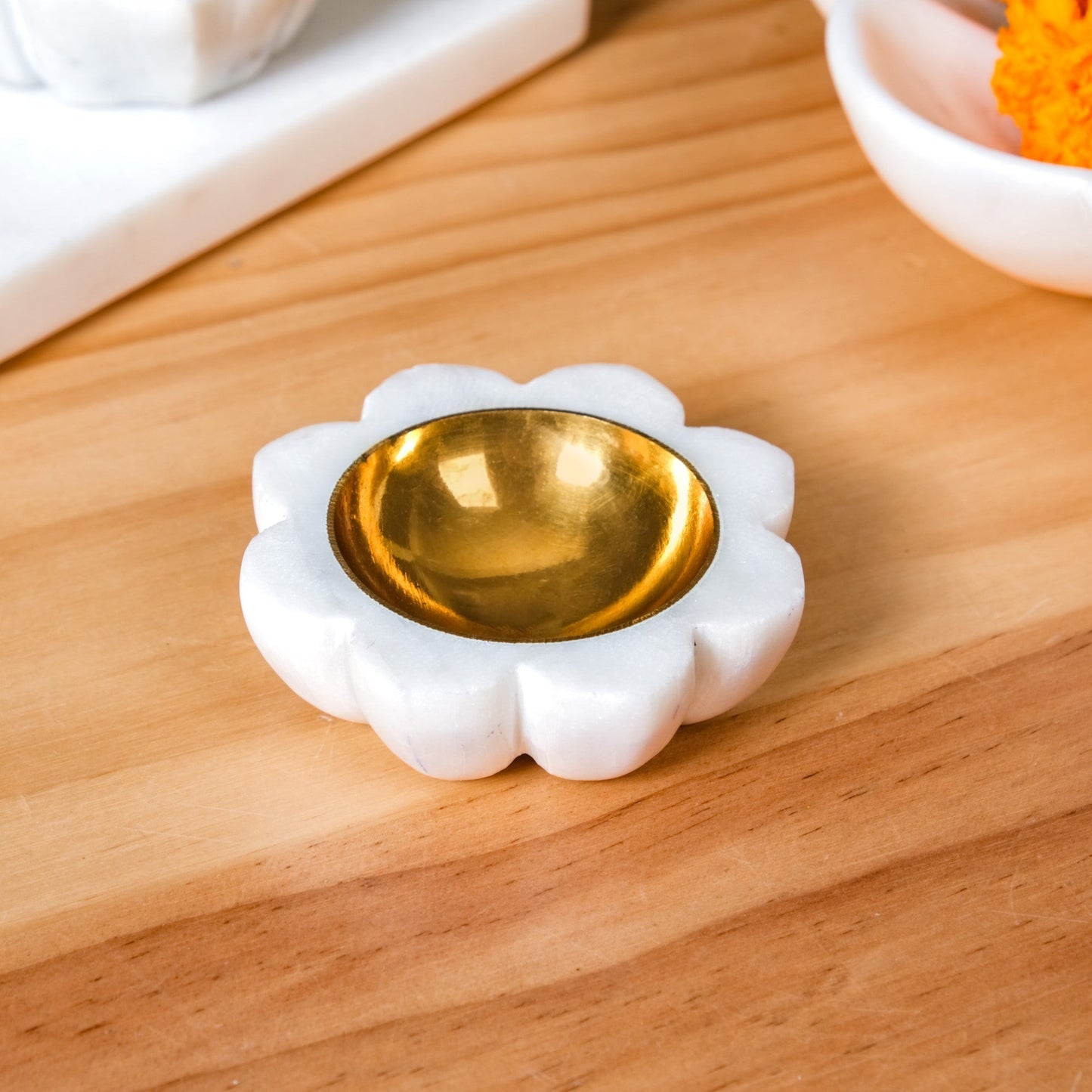 Floral Design Marble And Brass Diya Set Of 2