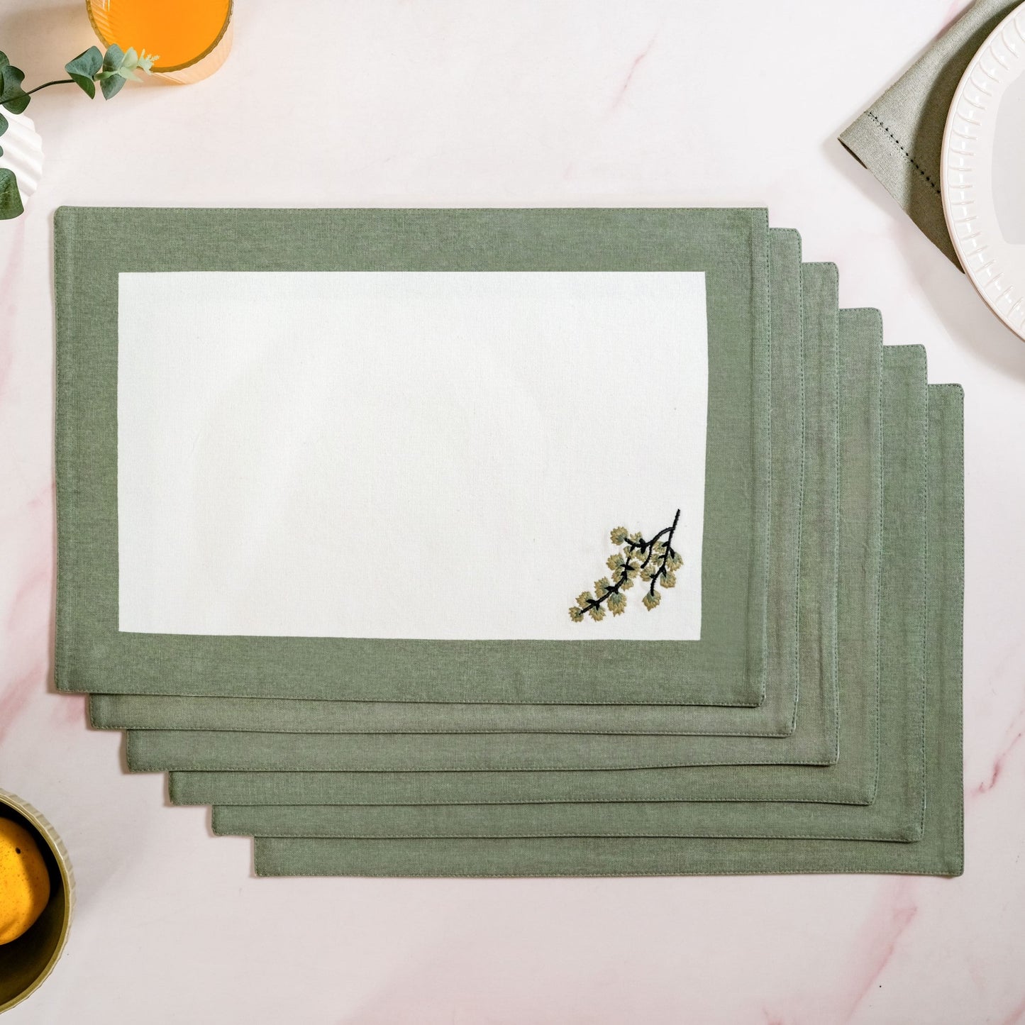 Midori Pure Cotton Table Mat Set Of 6 In Sage Green
