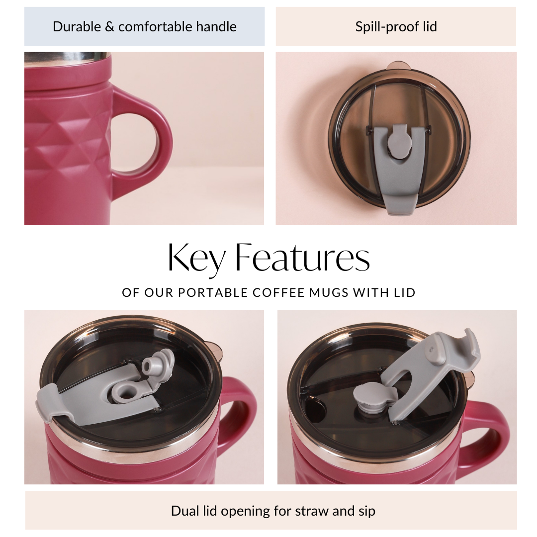 Portable Coffee Mug With Lid Set Of 2 Magenta 400ml