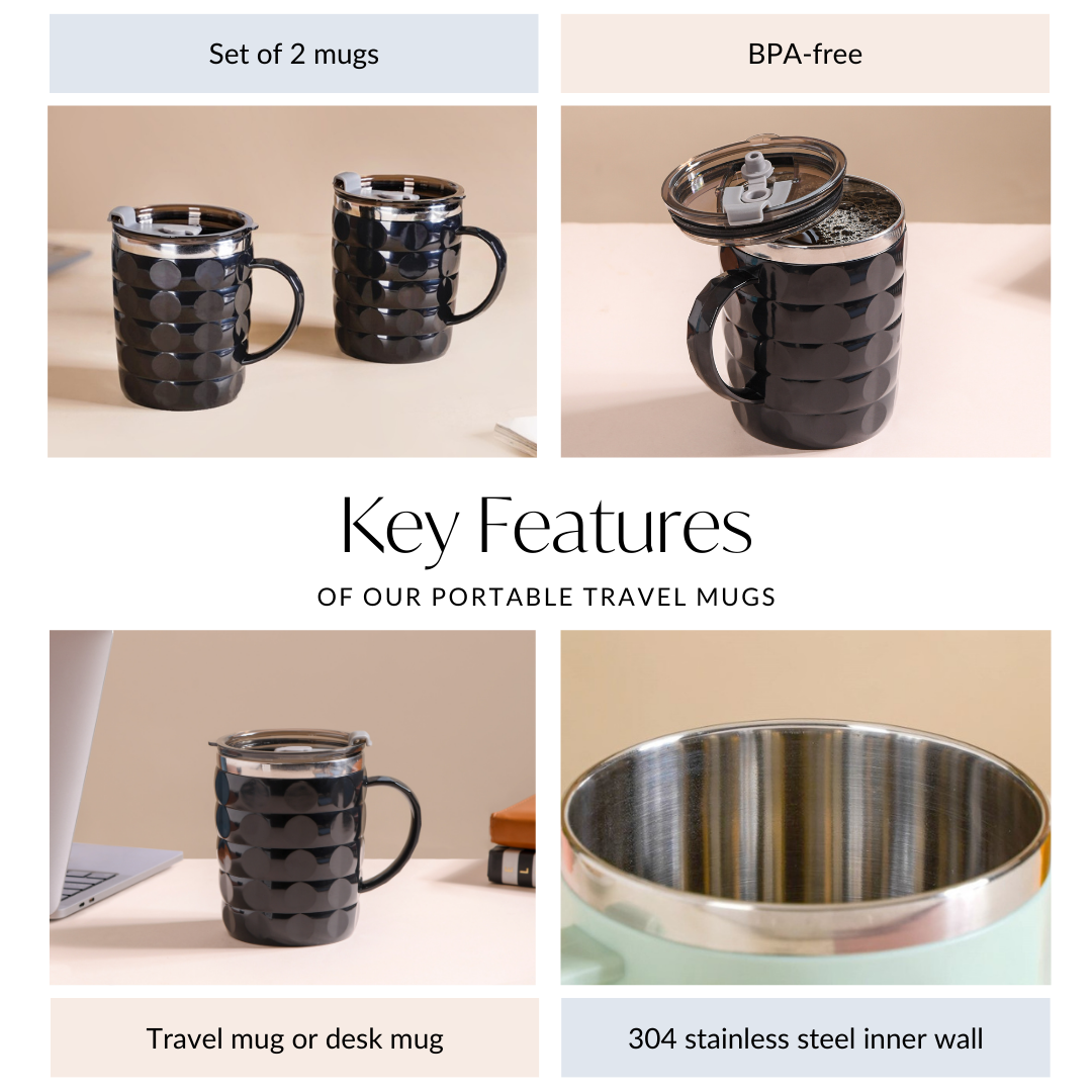 Portable Travel Mug For Couples Set Of 2 Black 400ml
