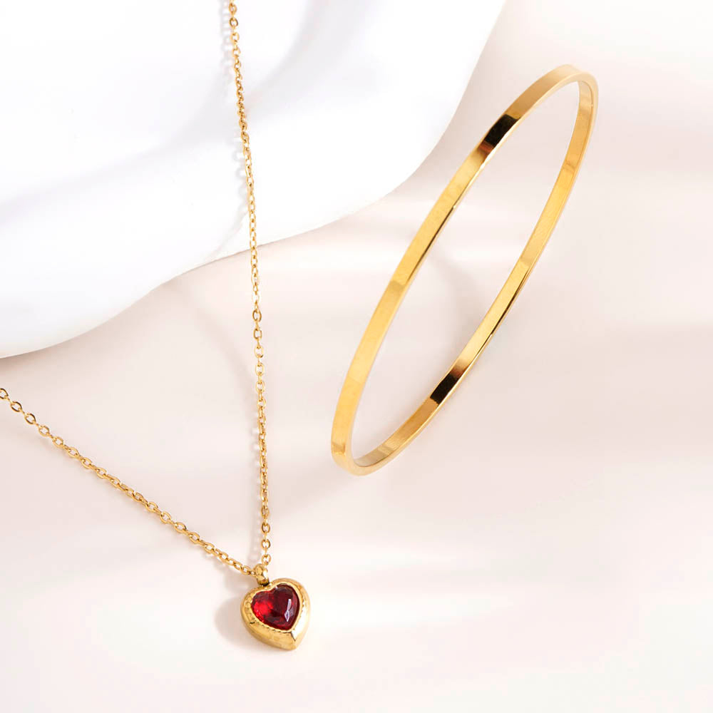 Red Emerald Heart Pendant Necklace & Flat Wire Bangle Bracelet Combo Set