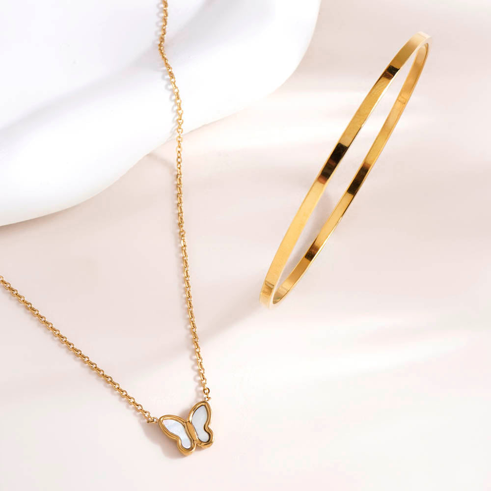 Little Butterfly Necklace & Flat Wire Bangle Bracelet Combo Set