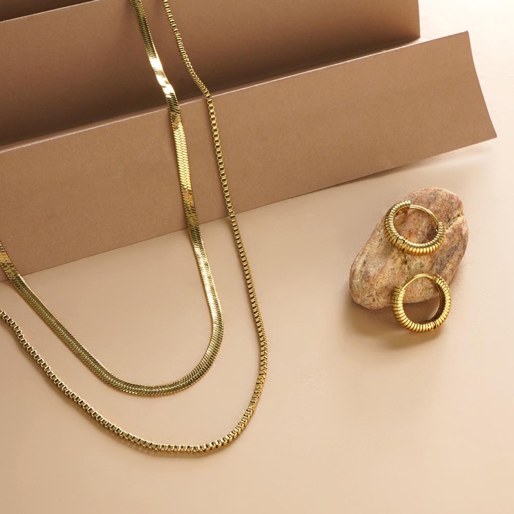 Double Chain Delight Necklace & Classic Textured Hoops Combo Set