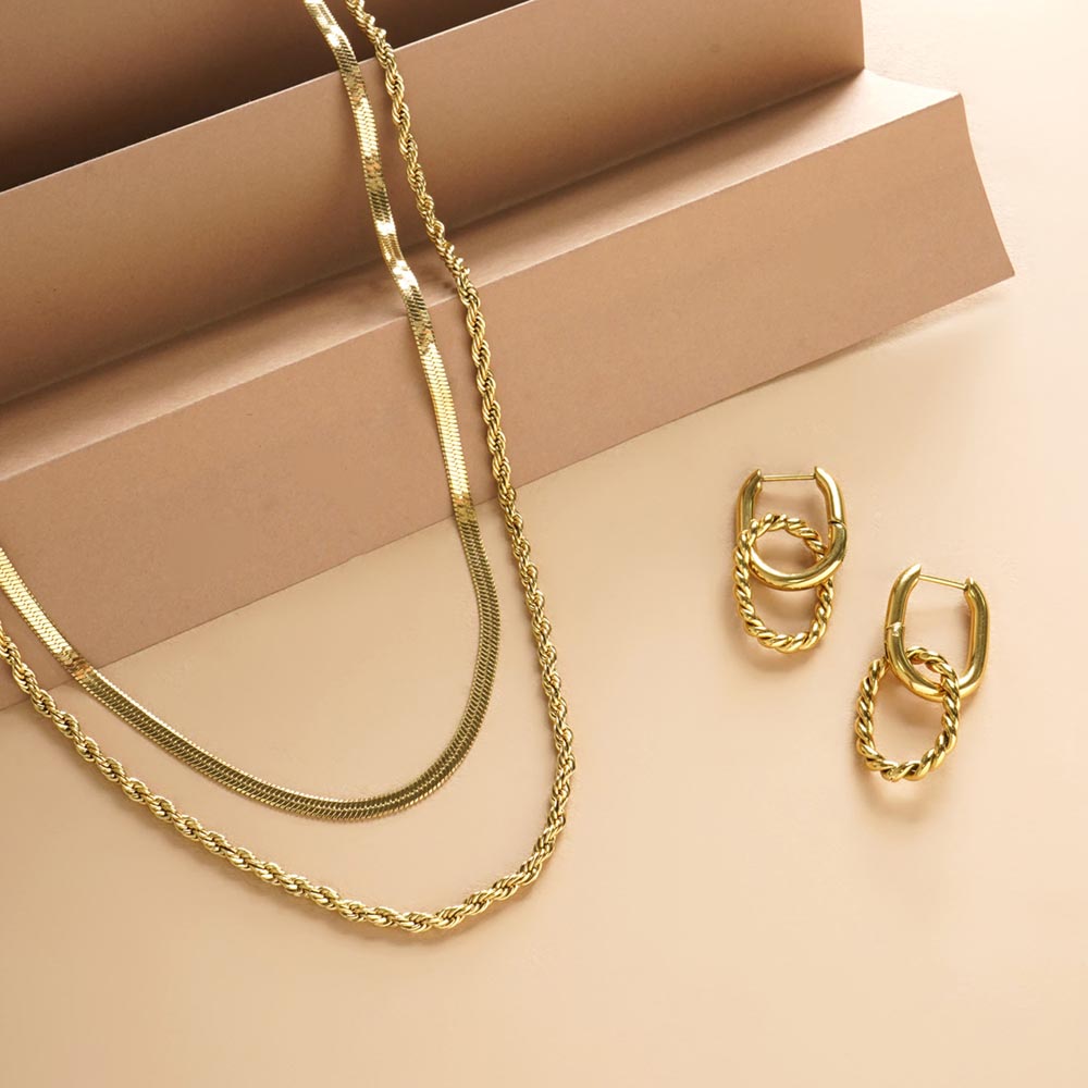 Rope N Snake Chain & Double Rings Hoop Earrings Combo Set