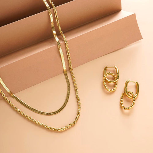 Rope N Snake Chain & Double Rings Hoop Earrings Combo Set