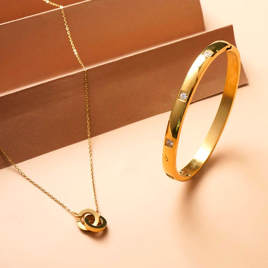 Linked Circles Harmony Necklace & Dazzling Stone Bangle Bracelet Combo Set