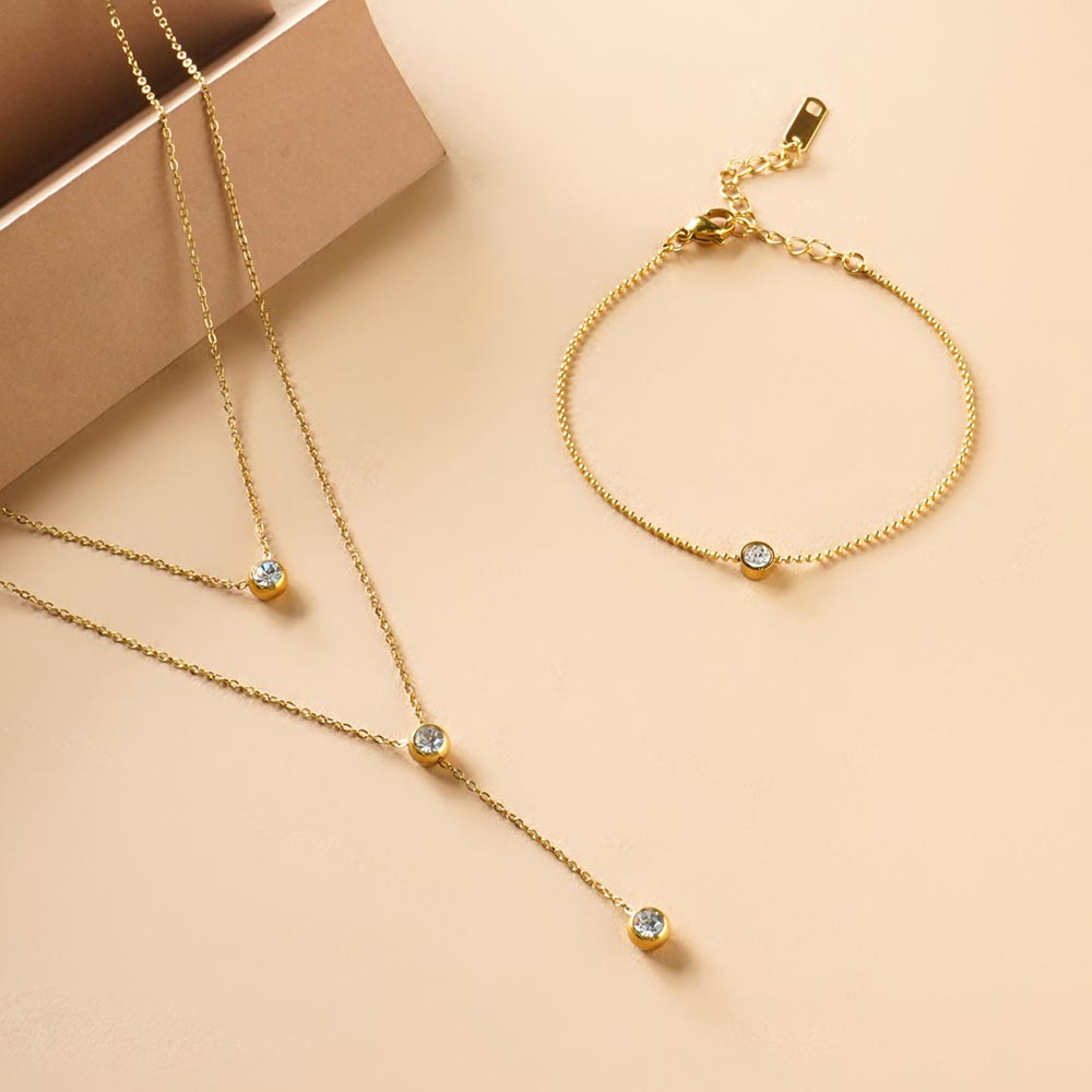Two Layered Solitaire Drop Necklace & Solitary Spark Bracelet Combo Set
