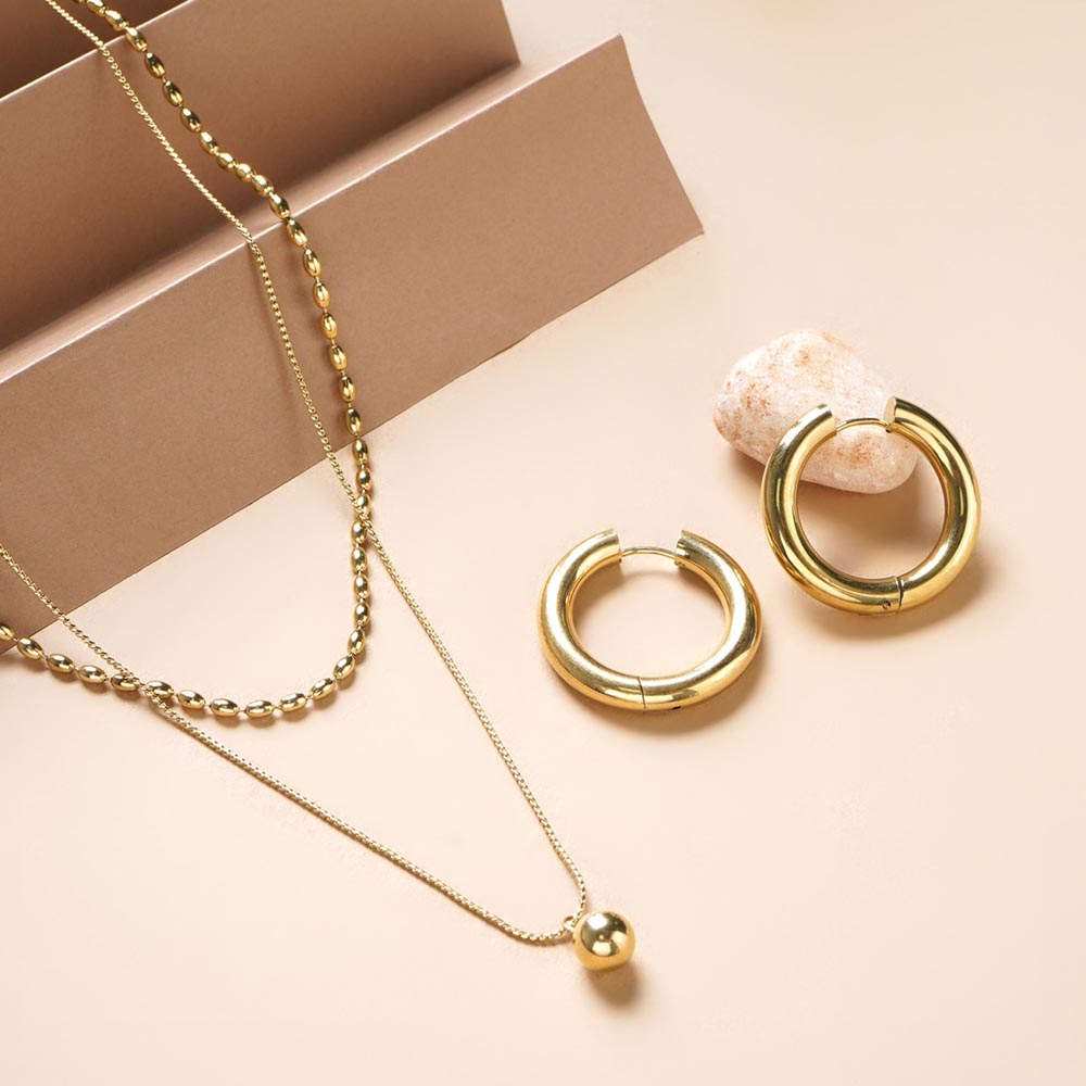 Two-Layered Bead Necklace & Classic Round Hoop Earrings Combo Set