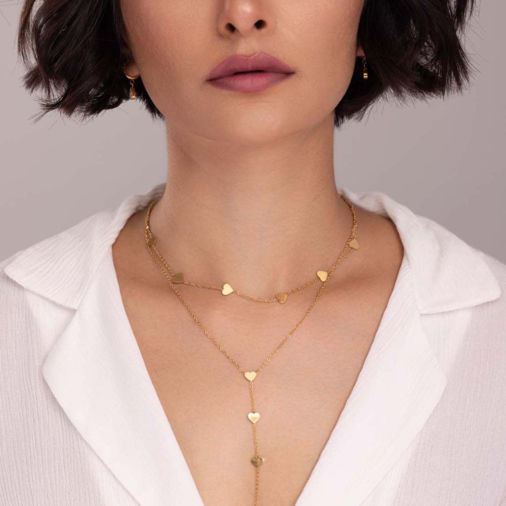 Two-Layered Heart Charm Necklace & Star Moon Bracelet Combo Set