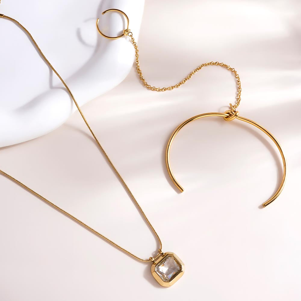 Octagon Diamond Necklace & Cuff Bracelet With Ring Combo Set