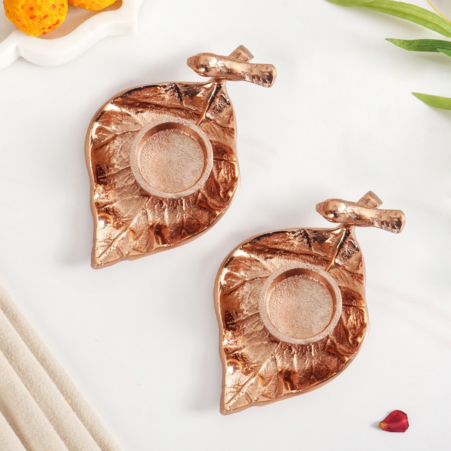 NestGlow Bird Leaf Tealight Candle Holder Set Of 2 Rose Gold