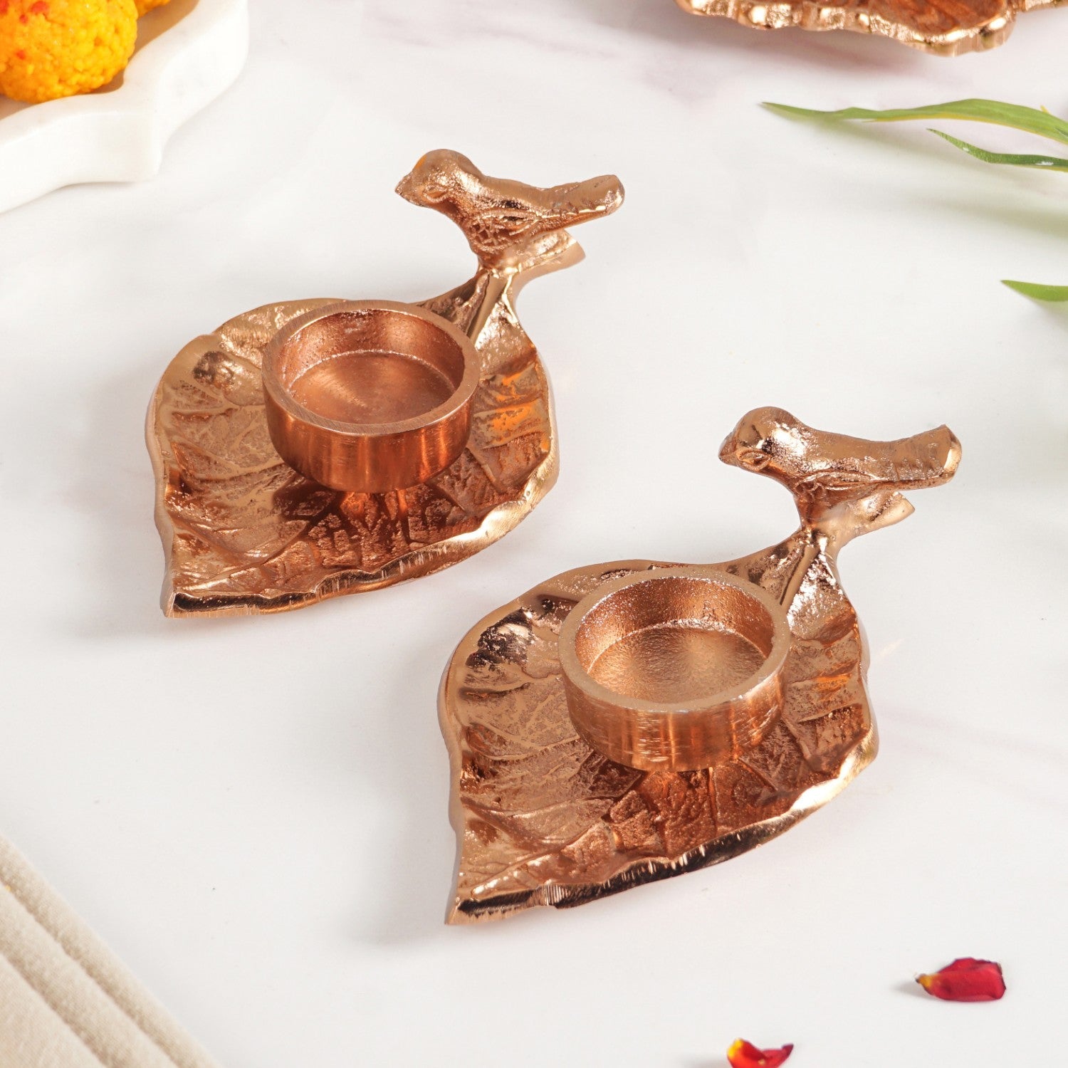 NestGlow Bird Leaf Tealight Candle Holder Set Of 2 Rose Gold